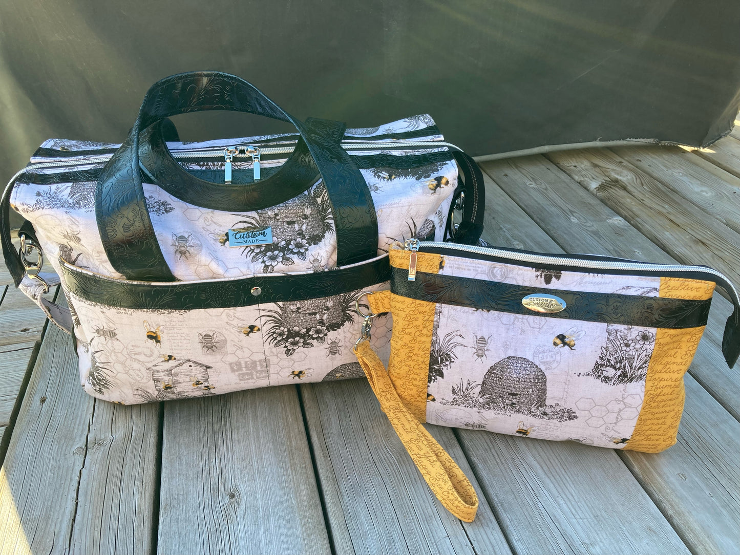 Weekend Bag & Clutch -Bees, Embossed Vegan Leather